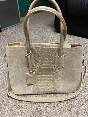 Beige Croc-Embossed Suede Tote Bag with Detachable Strap